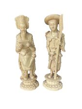 Vintage 10” Ivory Colored Resin Asian Male Figurines (Set of 2) picture