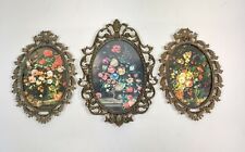 Set of 3 Vintage Ornate Oval Metal Framed Floral Prints Convex Glass Italy picture