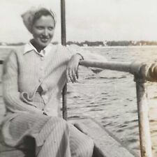 Vintage Snapshot Photo Woman Sitting By Water Wearing Scarf 1940s Photograph picture