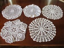 Set of 5 vintage hand crocheted white and ivory round doilies picture