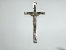 Vtg Antique Skull And Crossbones Crucifix 5 Inch Metal With Wood Inlay picture