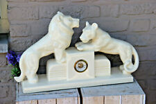 XL French art deco pottery ceramic Lions group Clock rare marked  picture