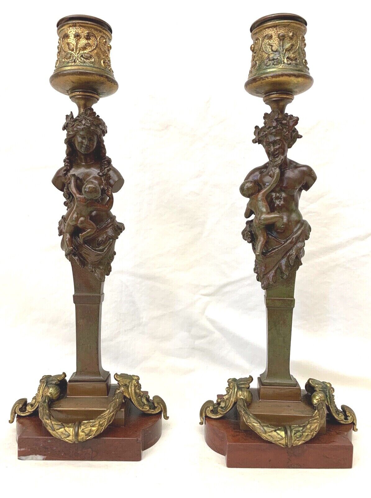 AN IMPORTANT CIRCA 1800 PAIR OF FRENCH BRONZE ON MARBLE FIGURINE CANDLESTICKS 