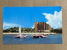 Postcard Hawaii Waikiki Hilton Hawaiian Village Beach Pier Boats Vintage PC picture