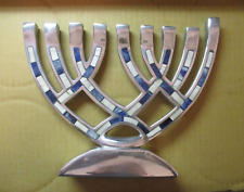 Chrome w/ Inlaid Blue Mosaic Jewish Israel Hanukkah Menorah Judaica Modern picture