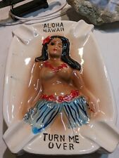 50's Vintage Ceramic Ashtray Turn Me Over Double Sided Risqué Woman Hawaii Hula picture