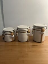 White Ceramic Kitchen Canisters Set Of 3 w/ Wooden Spoons picture