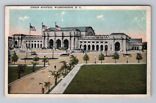 Postcard 1900s Train Union Station Old Cars Flags Aerial View Washington DC picture