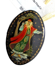 VTG Russian Santa Ornament Pin Handmade Hand Painted Lacquer Old Fashioned Santa picture
