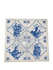 Vintage Holland Tile Delft Blue 4.5” X 4.5” Porcelain Ship Windmill picture