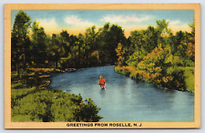 Roselle NJ-New Jersey, Greetings From Roselle, Fishing, Vintage Antique Postcard picture