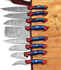 Professional Kitchen Knives Custom Made Damascus Steel 8 pcs with Leather bag picture
