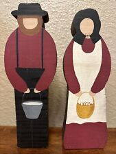Vintage Amish Painted Wooden Dolls Husband And Wife Man And Woman 9” picture
