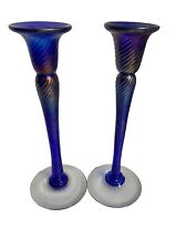 Robert Held  2 Handblown Iridescent Candle Holders Art Glass Signed Canada picture