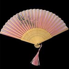 Hand Cooling Collapsible Folding Fan Decor Pink Flowers & Tassel picture