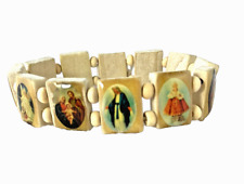 Vintage Brown Wood Stretch Bracelet Elastic Religious Stretchy Jesus Mary Hippie picture