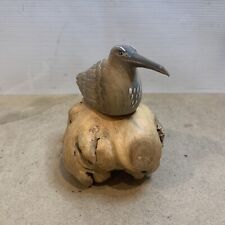 Vintage Wooden Bird Figurine Hand Carved Perched On Driftwood picture