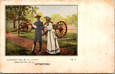 Vintage 1905 Postcard Soldier Reading Letter from Lovely Dress Lady & Artillery  picture