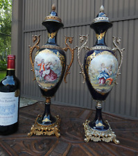 PAIR acf sevres cobalt porcelain Vases romantic victorian decor marked picture