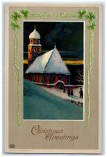 c1910's Christmas Greetings House Church Winter Snow Shamrock Gel Postcard picture