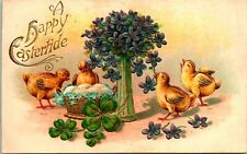 C.1910'S ANTIQUE EASTER POSTCARD CUTE CHICKS GREEN CLOVER BASKET EGGS FLOWERS picture