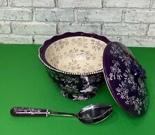 Temptations Hand Painted Old World Floral Lace 3 qt Serving Bowl w/Lid & Spoon picture