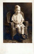 Little Boy Politely Sitting Wicker Chair Child Vintage Real Photo RPPC Post Card picture
