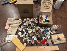 Lot Antique Vintage Sewing Notions Pearl White Buttons Wood Spools Thread E picture