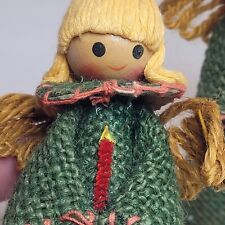 Vtg'70's Angel Ornaments/Tree Toppers (2)  Avocado Burlap Yarn Hair Wood Heads  picture