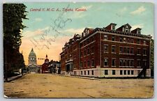 Topeka Kansas~Central YMCA Bldg & State Capitol Street View~PM 1911~Vtg Postcard picture