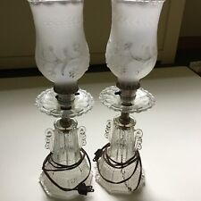 Vintage Pair Of Crystal Frosted Hurricane Floral Shade Boudoir Lamp Glass picture