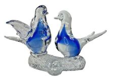 Hand Blown Art Figurine Art Glass Love Birds Blue & Clear on Textured Branch  picture