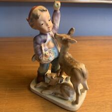 Vintage Porcelain Figurine Young Boy Feeding Deer Friends Apples Red Hat picture