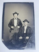 Antique Tinted Tintype Photo Two Dapper Men with Unique Hat Collars picture