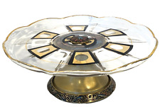 Vntg Judaica Raised Footed Cake Stand Plate Judaism Israel Jewish Brass & Glass picture