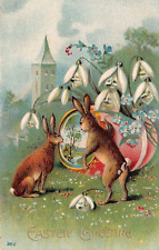 Easter Greetings Embossed Brown Rabbits Large Egg Flowers Vintage Postcard picture