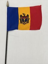 New Moldova Mini Desk Flag - Black Wood Stick Gold Top 4” X 6” picture