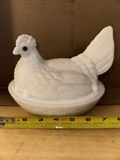 Vintage White Milk Glass Chicken Hen On Nest Covered Bowl Candy Dish 7” picture