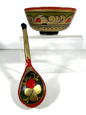 Hand Painted Wooden Bowl & Spoon, Made in USSR Ca. 1970, Called Khokhloma Bowl picture
