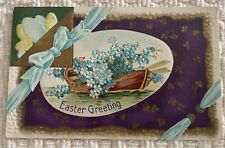 Easter Greetings Forget me Nots in Wooden Boat postcard Flowers gold gilt inlay picture