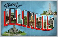 Postcard Large Letter Greetings From Illinois Elgin Watch Black Hawk Nolan Linen picture