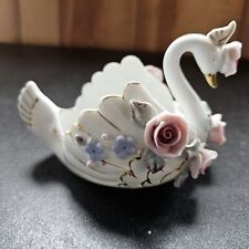 Occupied Japan Japanese Chikusa Porcelain Swan Ornate Applied Roses Vintage Dish picture
