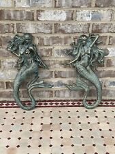 Pair Set Of 2 Large 17” Cast Iron Nautical Mermaid Plaque Wall Hanging Beach Art picture