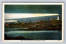 Cape Elizabeth ME-Maine, Two Lights By Night, Lighthouses, Vintage Postcard picture