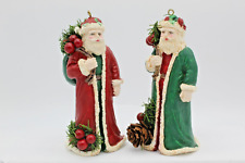 Santa Claus Ornaments Set of 2 a Green & a Red Long Coat Pinecone Berrys picture