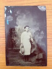 Antique 1800s Tintype Photograph Little Girl White Dress Button Up Boots Hat picture
