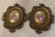 2 Vtg 5.5 X 4.5” Courting Couple Porcelain Metal Gilded Frames Hand Painted picture