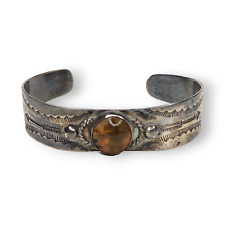 Vintage Sterling Silver Southwestern Agate Stone Hand Stamped Cuff Bracelet picture