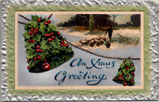 Vintage 1910 An Xmas Greetings from Iowa Postcard Holly Bells Shepherd w Sheep  picture
