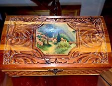 Vintage Hand Carved Cedar Treasure Chest Has Mirror And  Gold Trim Around It picture